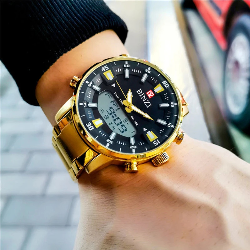 2021 Gold Wrist Watch Men Top Brand Waterproof Sports Digital Watches LED Steel Military Quartz Watch For Men Wristwatch Relogio
