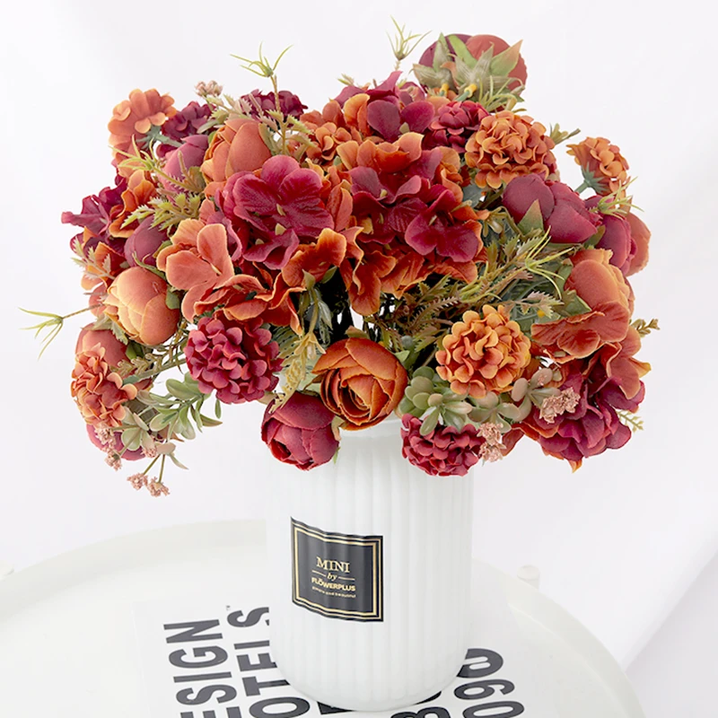 Rose Artificial Flowers High Quality Hydrangea Hybrid Bouquet Silk Fake Flower Autumn Decoration DIY Home Garden Wedding Decor