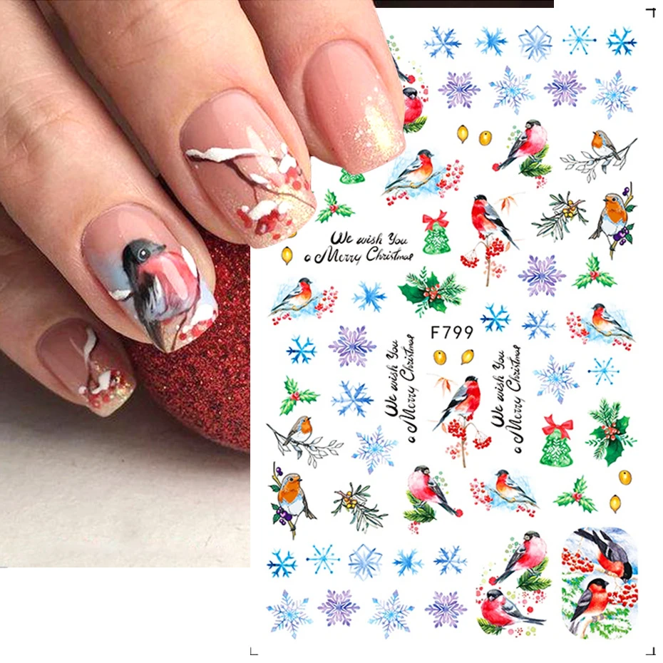 1pcs Christmas Winter Nail Sticker Robin Snow Flower New Year Halloween 3D Decals Nail Art Design Decor Accessories NFF795-801