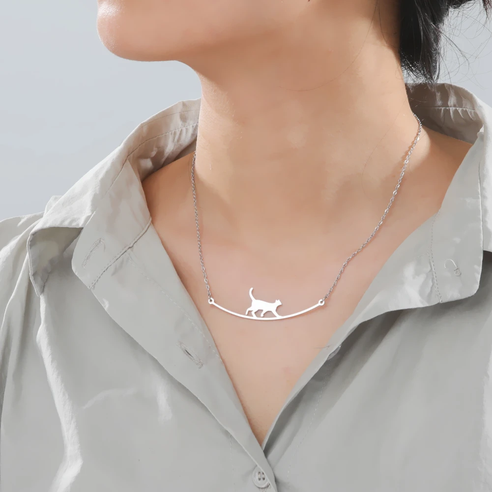 Unift Lovely Walking Tightrope Cat Necklace for Women Girls Stainless Steel Kitten & Smile Charm Choker Fashion Trendy Jewelry