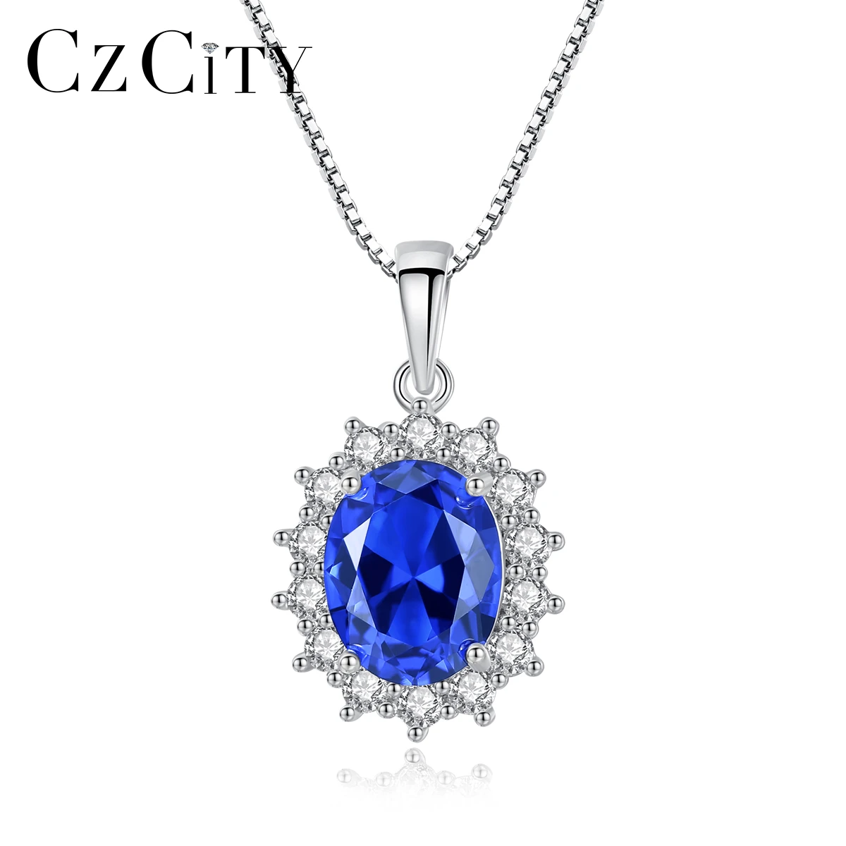 CZCITY Elegant Oval Princess Diana William Sapphire Pendant Necklace for Women 100% 925 Sterling Silver Charms Necklace Jewelry