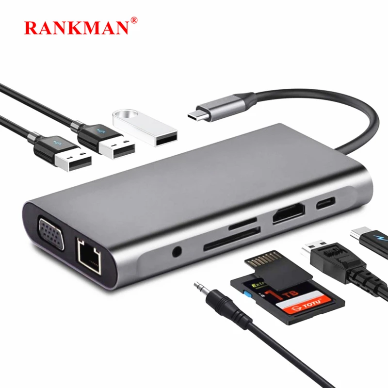 Rankman Type-C to RJ45 Gigabit Lan 4K HDMI-compatible VGA SD TF USB C 3.0 Dock for MacBook Samsung S21 Dex Xiaomi 10 TV Nintendo