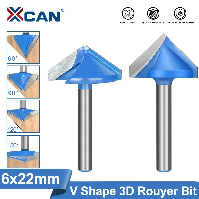 XCAN 1pc 6x22mm 60/90/120/150 Degrees V shape Milling Cutter CNC Engraving Bits Wood Router Bits Wood Milling Trimming 3D Cutter