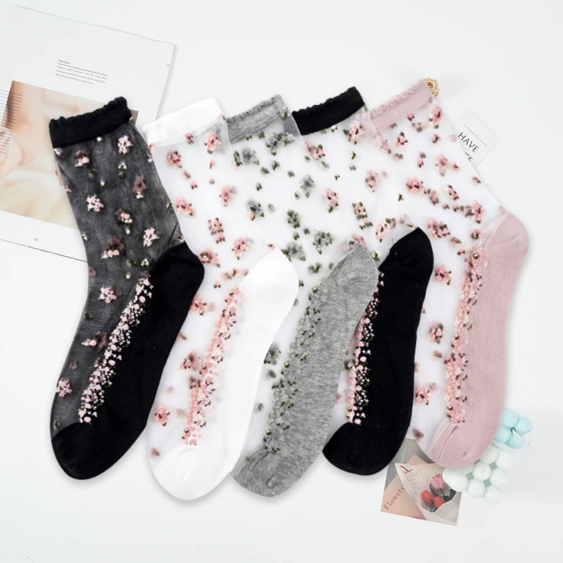 1 Pair Breathable Ultra Thin Socks Summer Women Transparent Lace Silk Crystal Rose Flower Girls Female Elastic Short Socks
