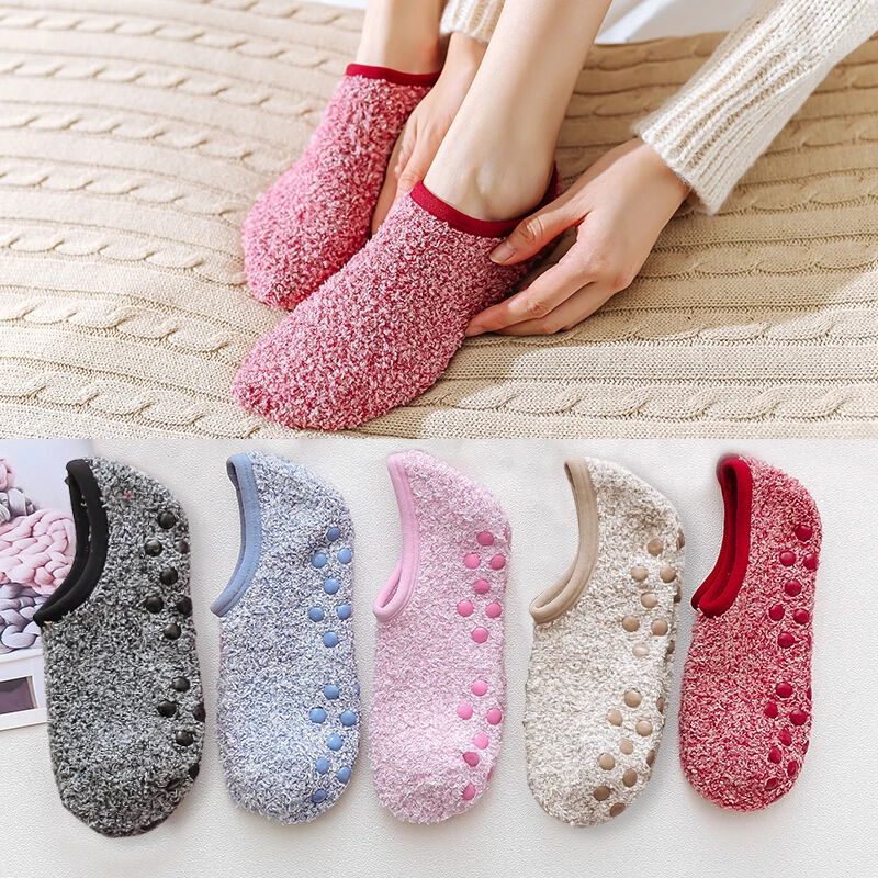 5Pairs Floor Boat Socks for Women Men Winter Warm Cotton Plush Breathable Non-Slip Socks Solid Short Socks Slippers Indoor