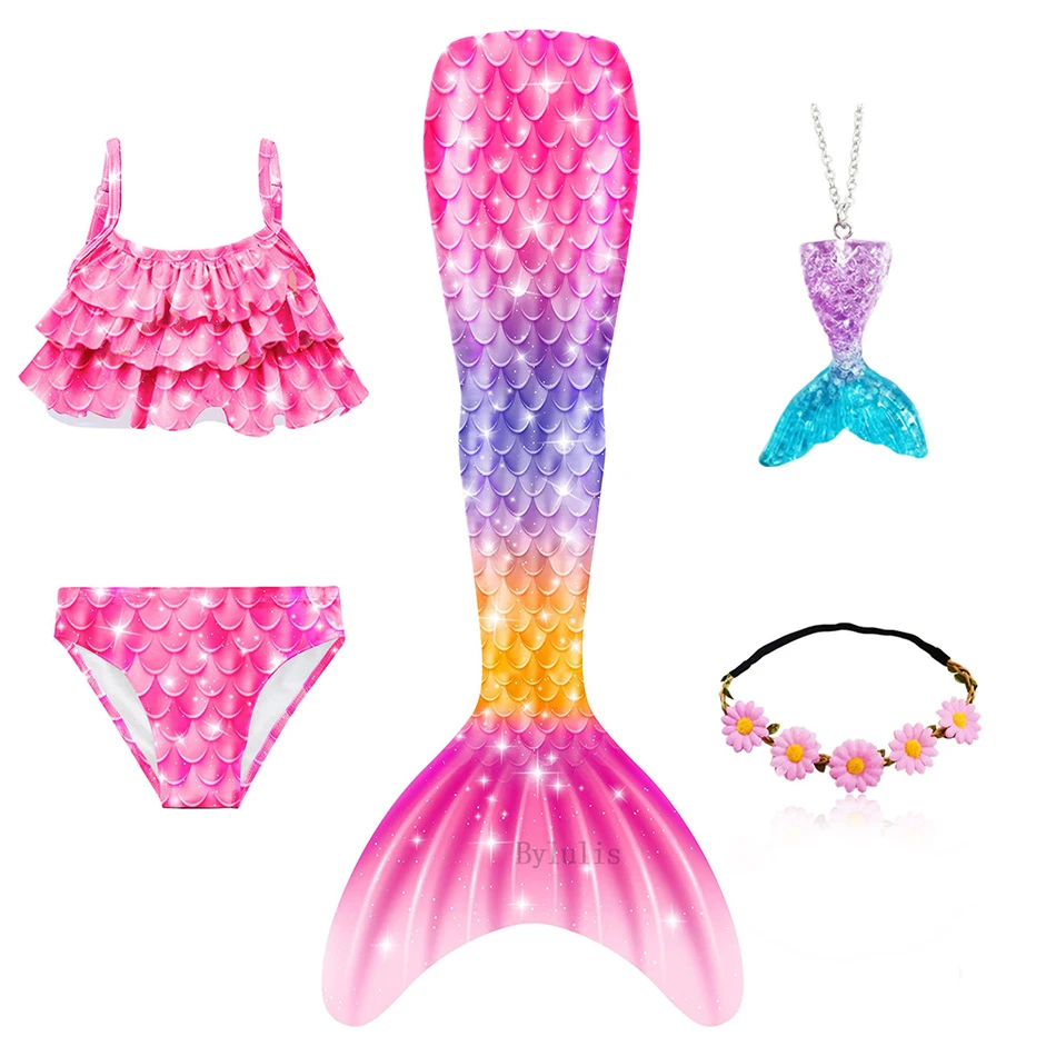 5Pcs/Set Girls Mermaid Tail Swimsuit Children the Little Mermaid Costume Cosplay Beach Clothes Bathing Suit