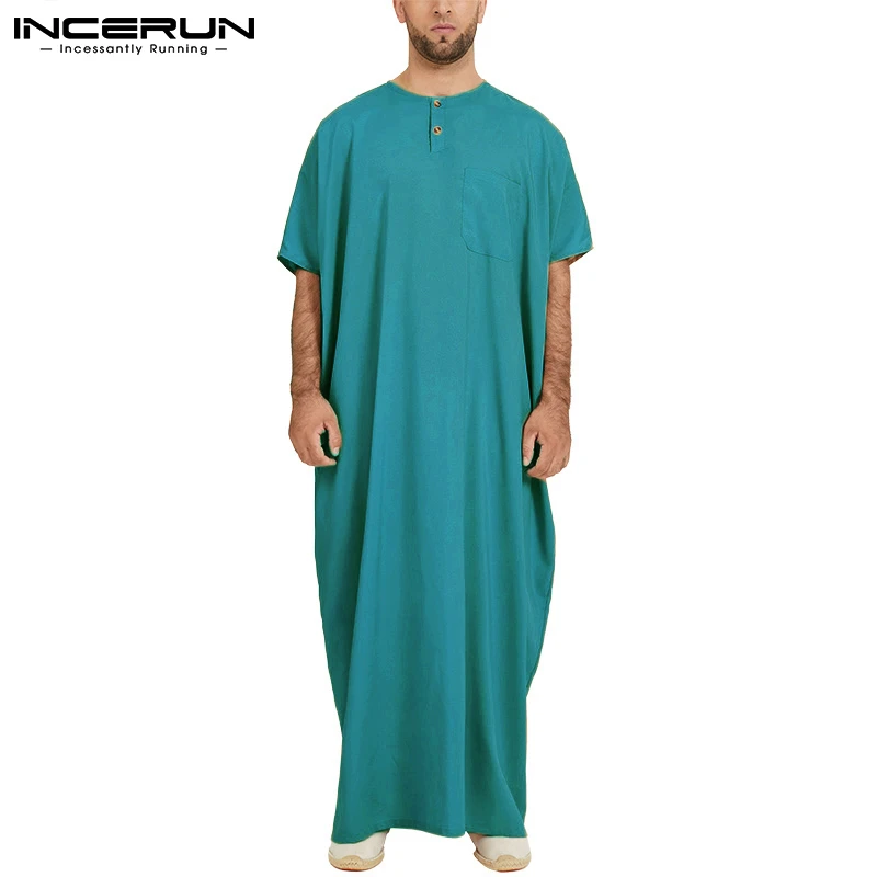 INCERUN Jubba Thobe Men Islamic Arabic Kaftan Solid Short Sleeve Loose Retro Robes Abaya Middle East Muslim Clothing Plus Size 7