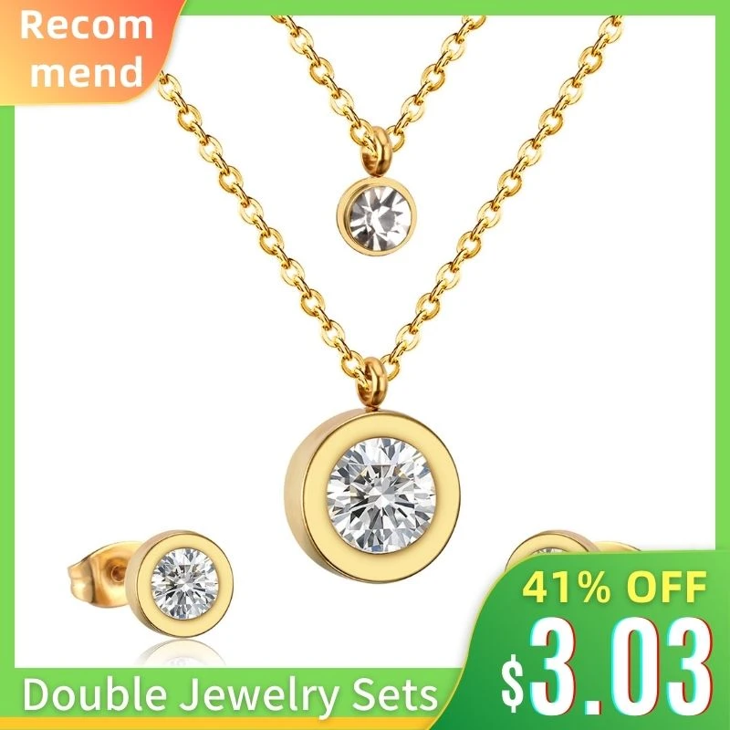 LUXUKISSKIDS Jewelry Set Stainless Steel Crystal Double Round Pendant Necklace Earring Wedding Dubai Jewelry Set For Women Girls