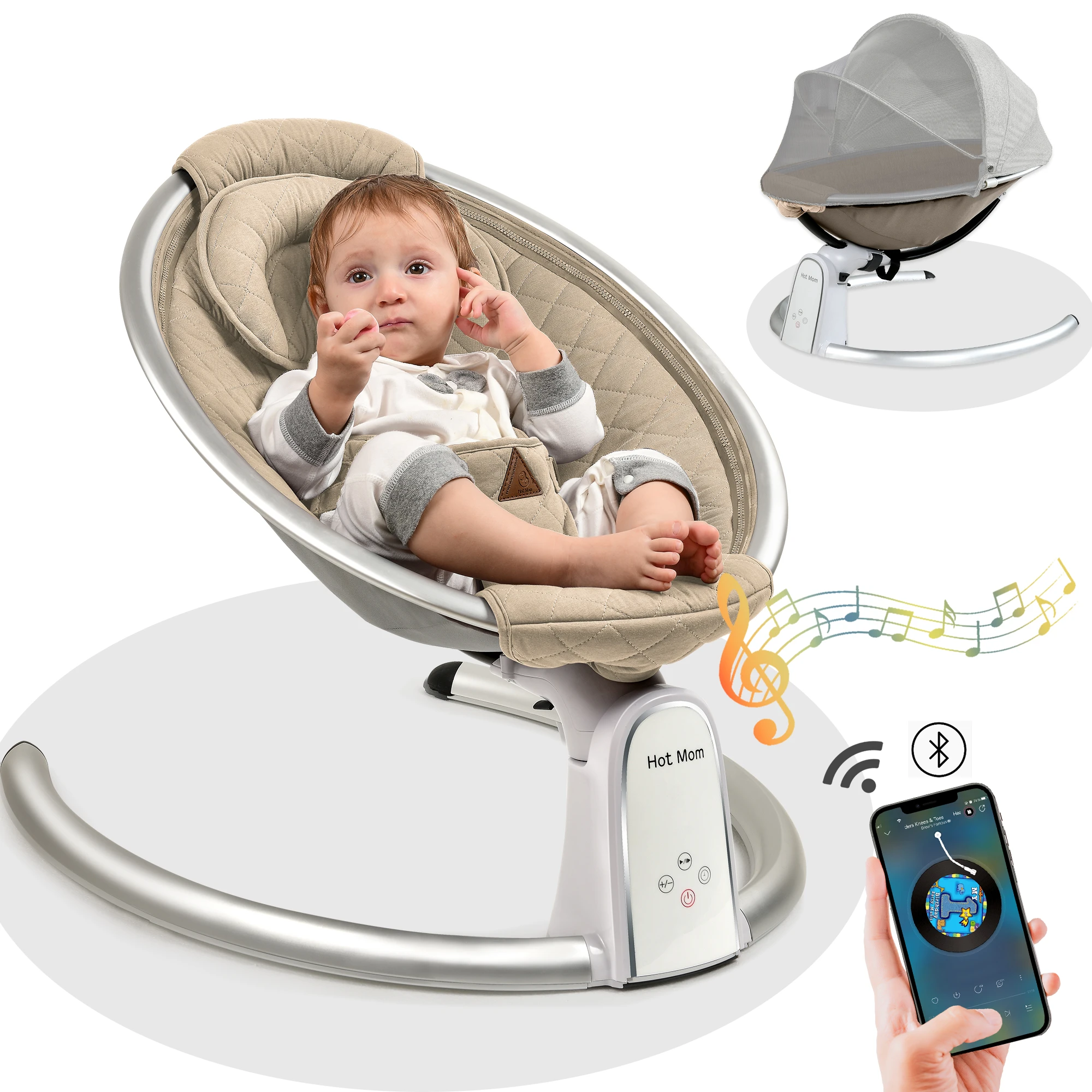 Electric Baby Bouncers with Bluetooth and Five Gear Swing,Hot Mom Intelligence Timing Baby Swing,Pure Cotton Baby Rocker Cardle