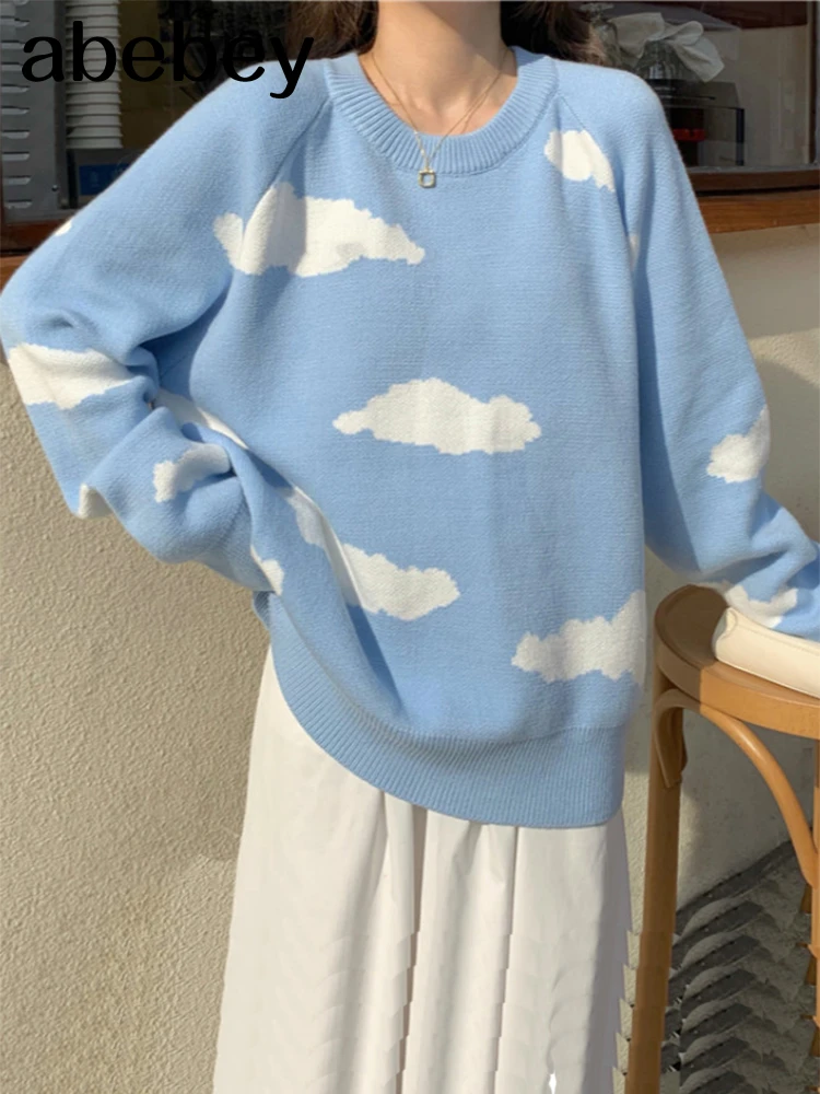 Korean Cartoon Cloud Women Sweater Chic Causal Oversized Knitted Pullover Tops 2021 Autumn New Pull Jumpers 6B805