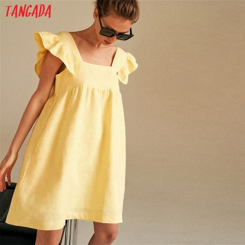 Tangada Woemn Yellow Summer Cotton Dress Casual Square Collar Butterfly Sleeve Backless High Waist Loose Dress 6L55