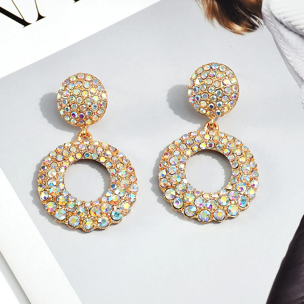 New Arrive Statement Round Colorful Rhinestone Long Drop Earrings High-Quality Fashion Crystals Jewelry Accessories For Women