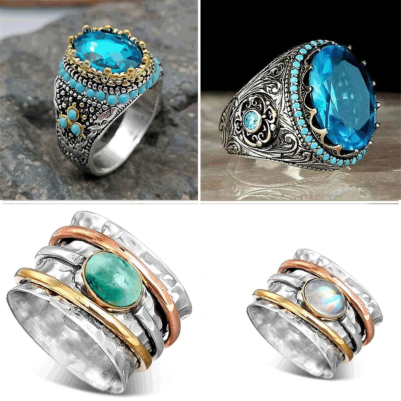 Vintage Gold Color Turquoises Beaded Opening Ring For Women Girls Punk Gothic Party Retro Purple Zircon Jewelry Gift G4M853