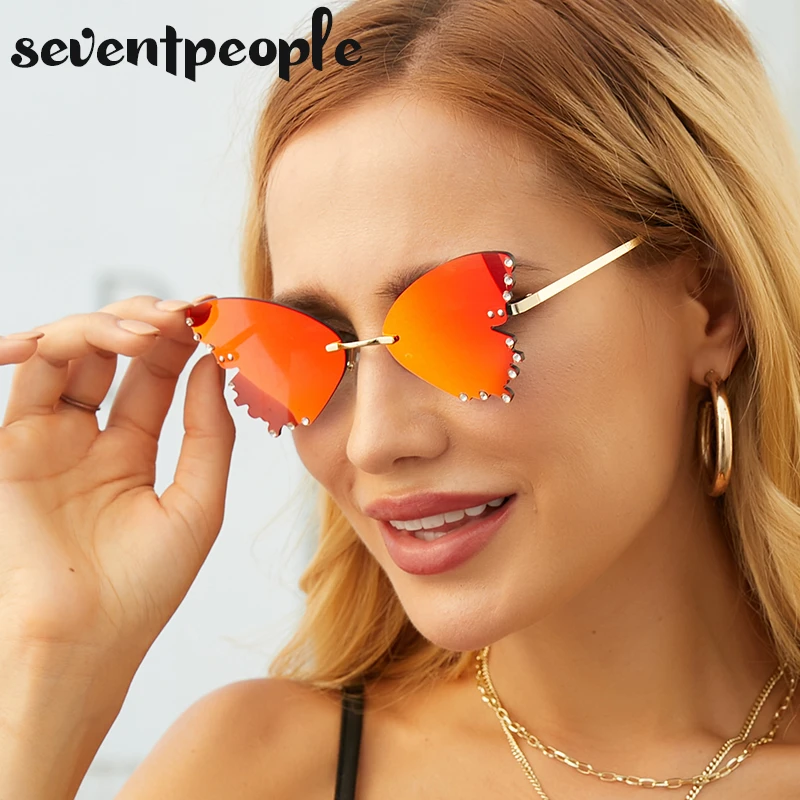 Fashion Butterfly Rimless Sunglasses Women 2020 Luxury Brand Designer Cloud Tassel Steampunk Sun Glasses Unique Big Heart óculos