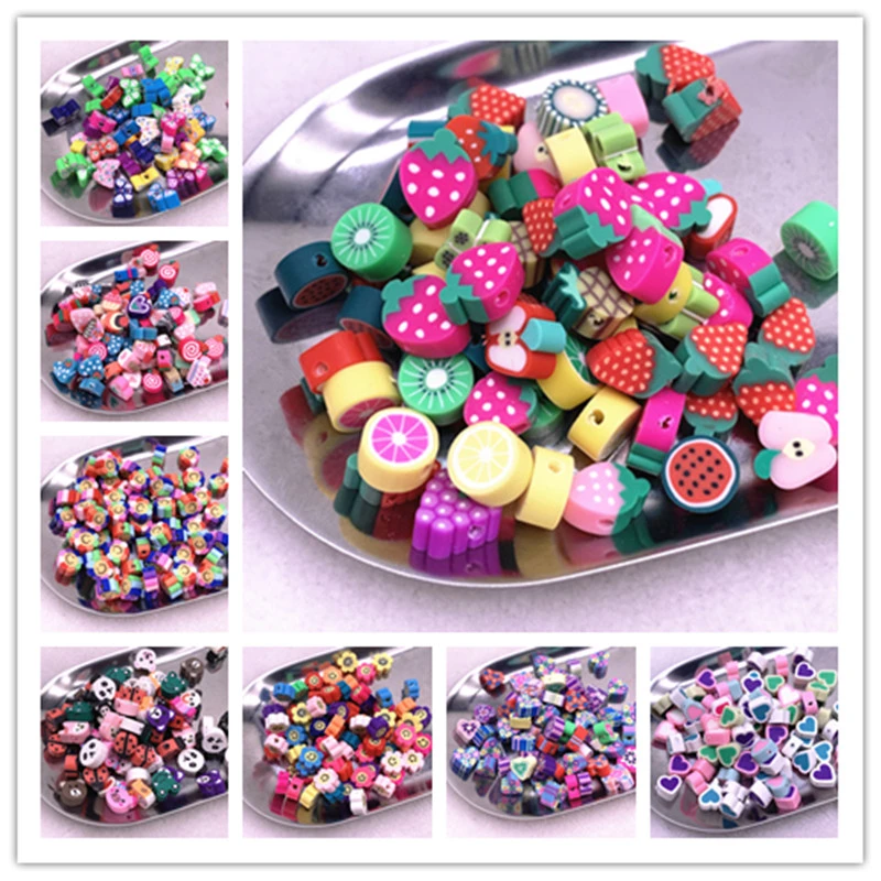 30pcs 10mm Color Fruit/flowers Beads Polymer Clay Beads Polymer Clay Spacer Loose Beads for Necklace DIY Bracelet Accessories