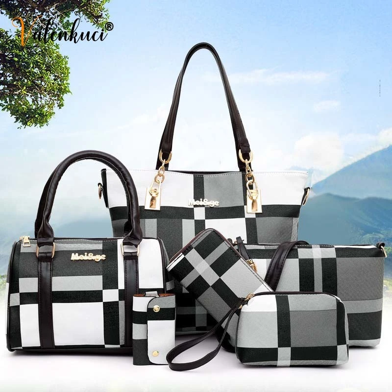 Women Luxury Handbags Sets 6 Pcs/set Women Plaid Colors Handbag Female Shoulder Travel Shopping Composite Bag Female Casual Tote