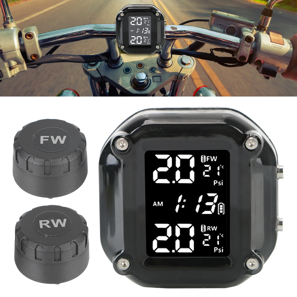 Motorcycle TPMS Sensor Motor Tire Pressure Temperature Monitoring Alarm System With 2 External Sensors LCD Display USB Charging