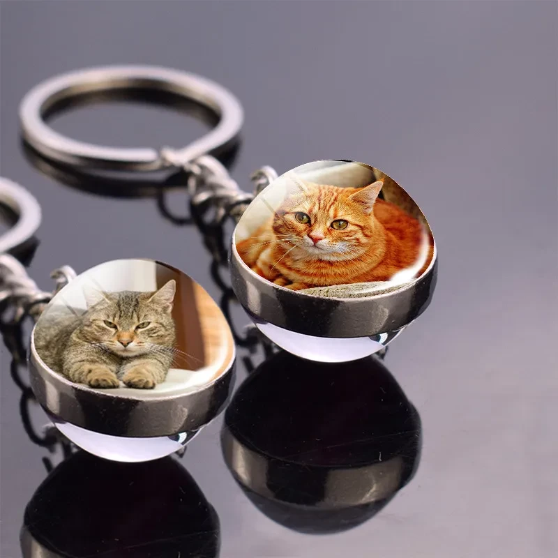 Animals Keychain Cat Dog Bear Peacock Rabbit Squirrel Phoenix Double Side Glass Ball Pendant Keyring