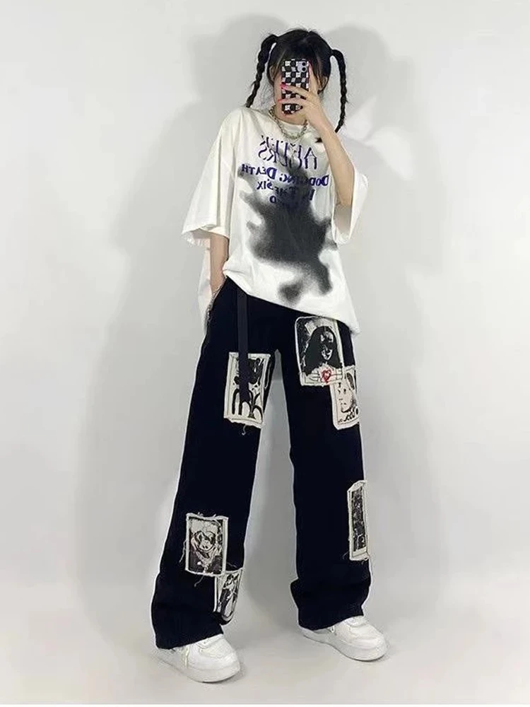 HOUZHOU Grunge Punk Patchwork Black Jeans Women Hip Hop Streetwear Print Oversize Wide Leg Trousers 90s Vintage Fashion Pants