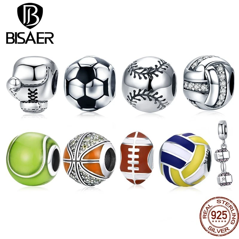 BISAER Authentic 925 Sterling Silver Football Ball Sport Love Volleyball Soccer Balls Charms Fit Silver Beads DIY Jewelry Making