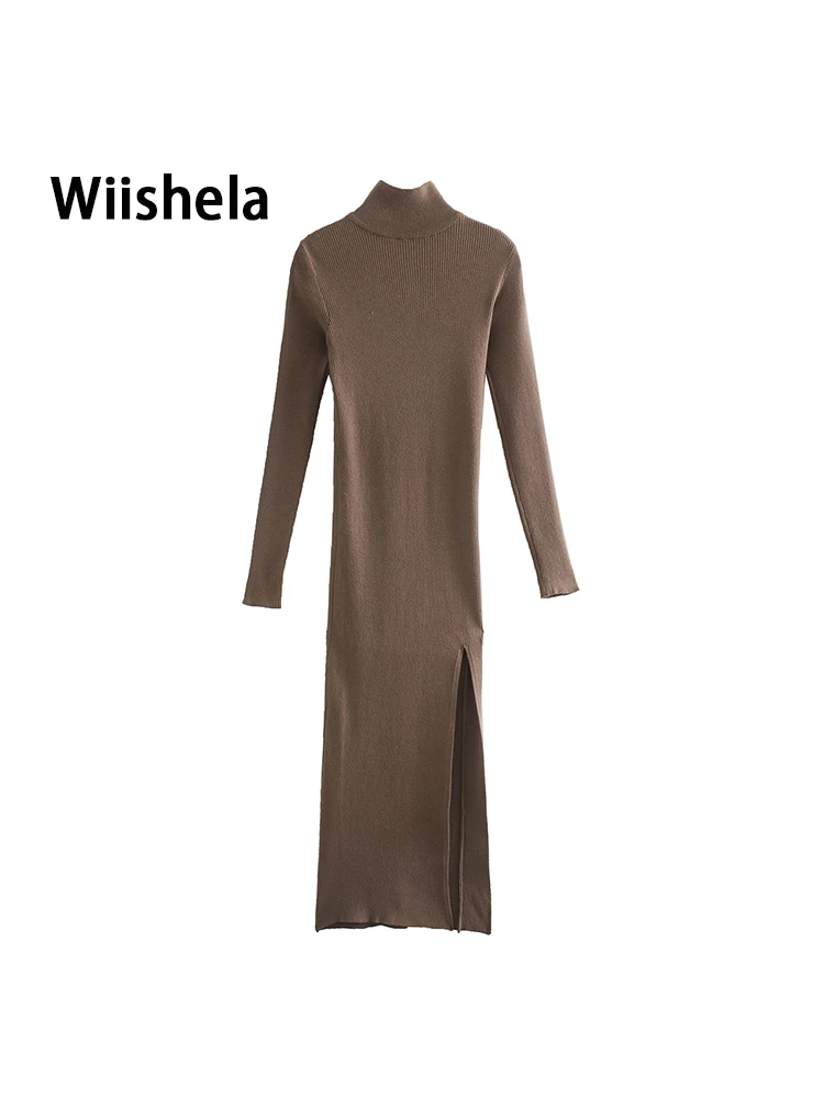 2021 Dress Women Long Sleeves High-Neck Elastic Midi Dress Fashion Elegant Chic Lady Knit Sweater Dresses Women robe femme