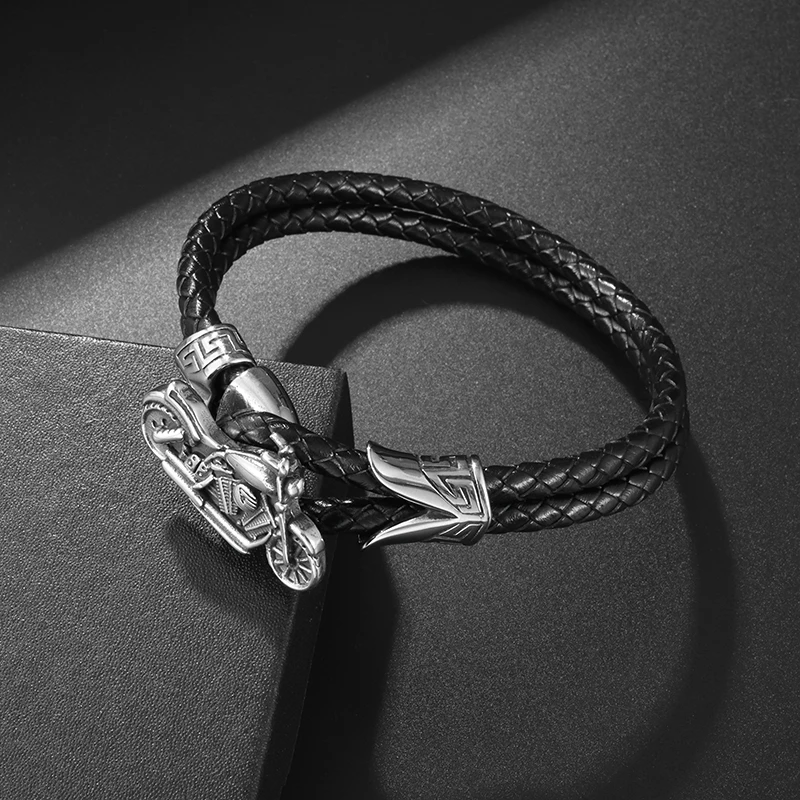 Black Leather Bracelet Silver Color Motorcycle Double-Layer Sports Bracelet for Men's Casual Jewelry