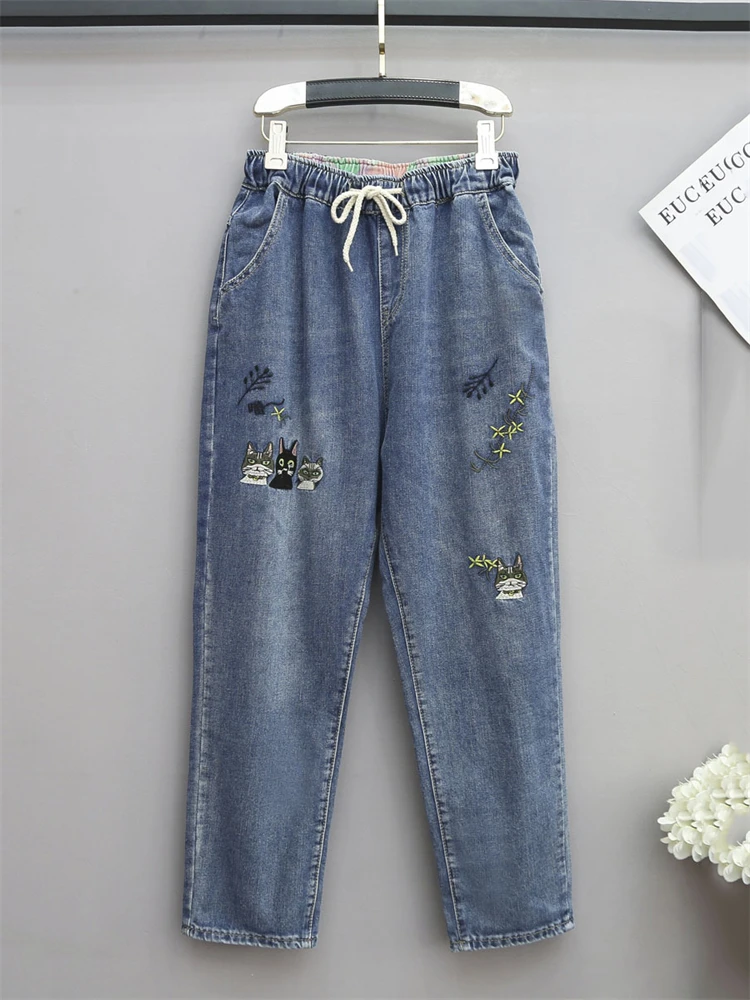 8265 Women Fashion Korea Style Cartoon Cat Embroidery Baggy Elastic Waist High Waist Denim Cropped Pants Female Harem Jeans
