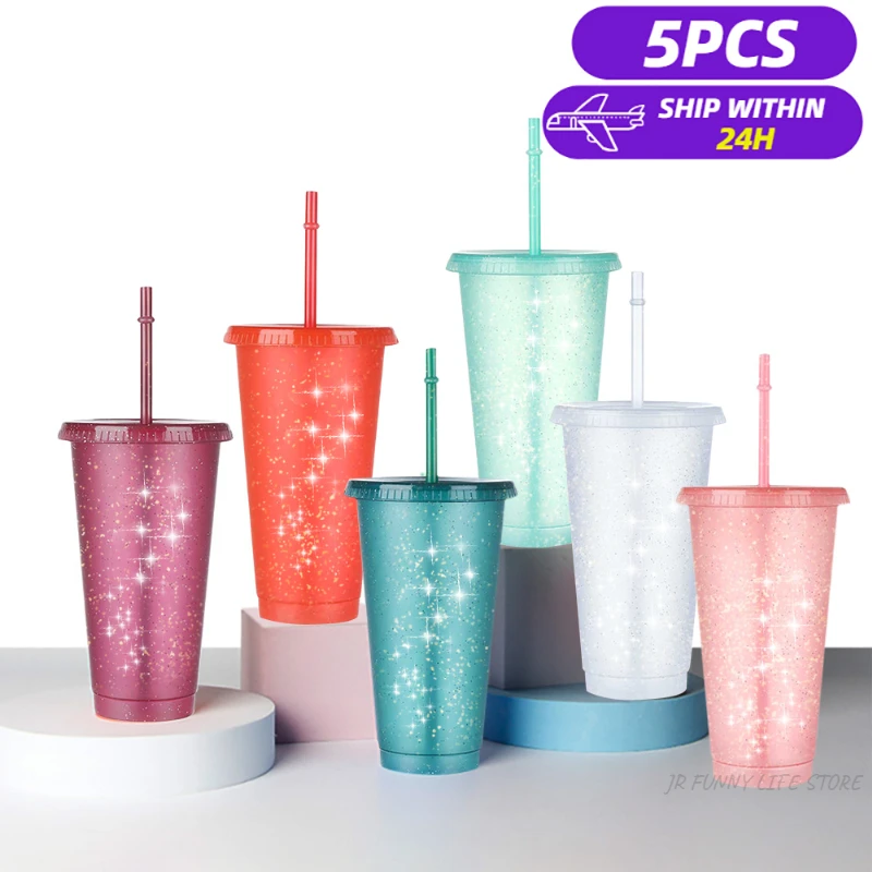 5PCS Flash Powder Water Bottles For Girl With Straw Reusable Hard Plastic Tumbler With lid Coffee Cup Drinkware Christmas Gift