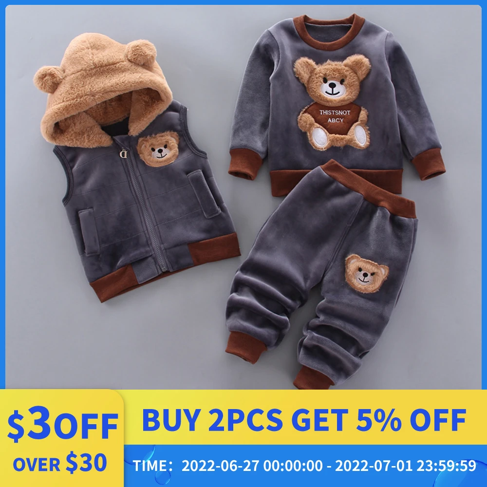 Christmas Baby Girl Clothes For Children Clothing Sets Vest+Coat+Pant 3 Picecs Boy Set Cartoon Bear Clothes For Girls 1-4 Age