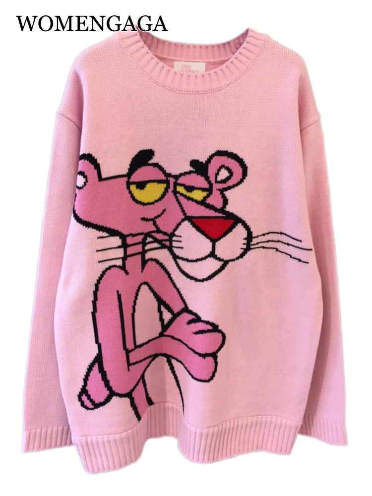 2021 Spring Korean New Cartoon Sweater Women's Loose Leopard Round Neck Loose Casual Pullover Knitting Sweater Tops Z006