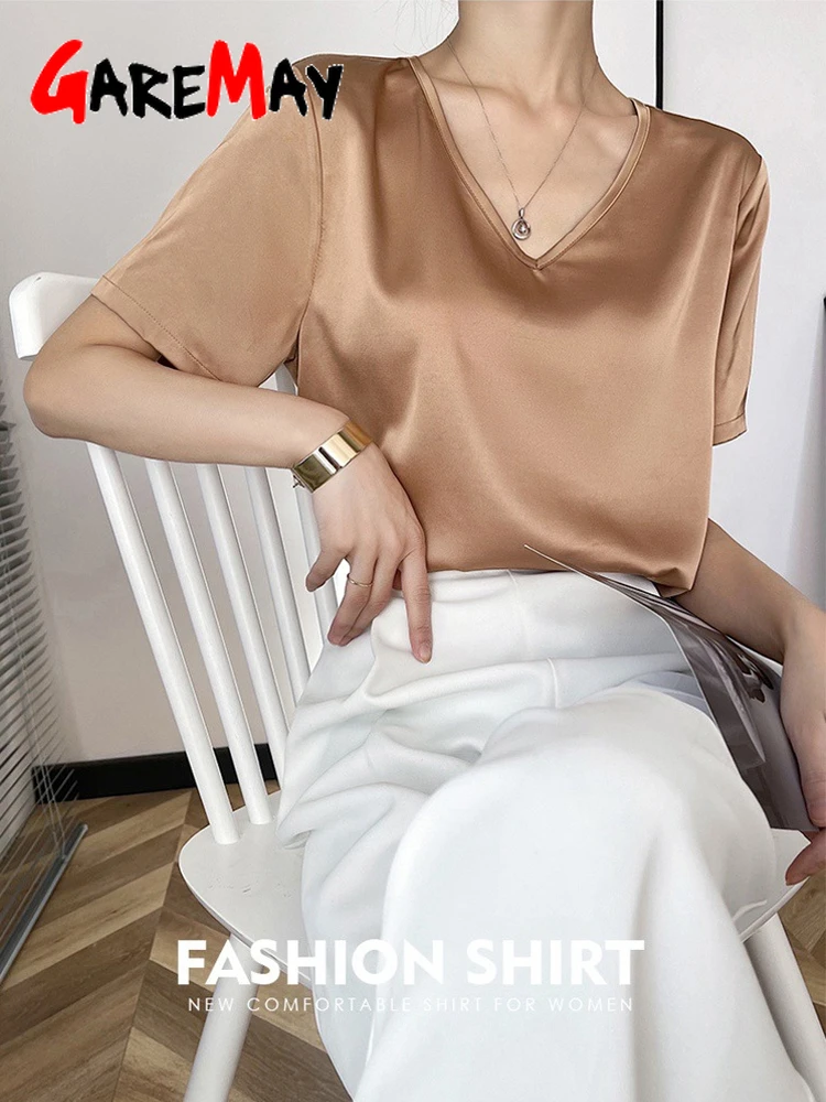 Beautiful Women's Blouses New Summer 2021 Shoort Sleeve V Neck Elegant Silk Satin Shirt Korean Fashion Top Vintage White Shirt