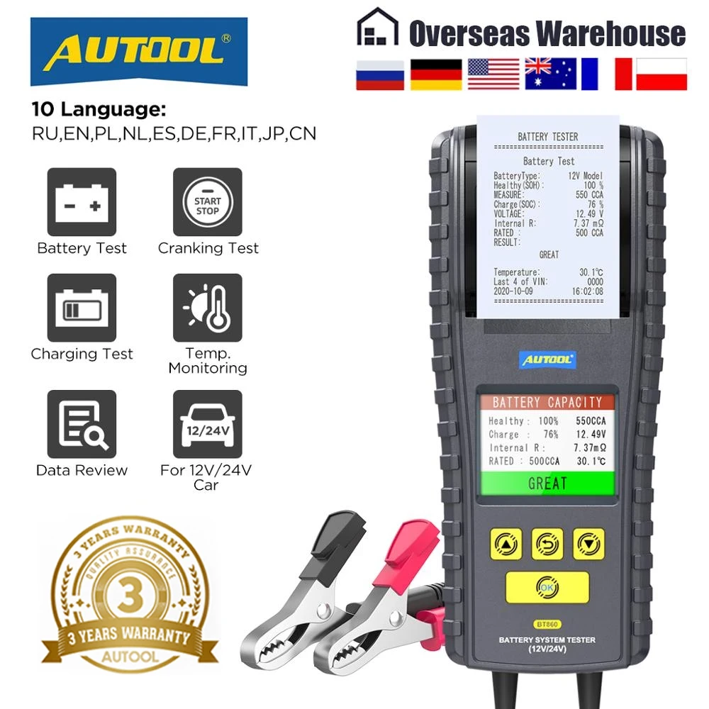 AUTOOL BT860 12- 24V Car Battery Tester with Printer & Real Time Temperature Monitoring 3.2inch Color Screen Battery Tester Tool