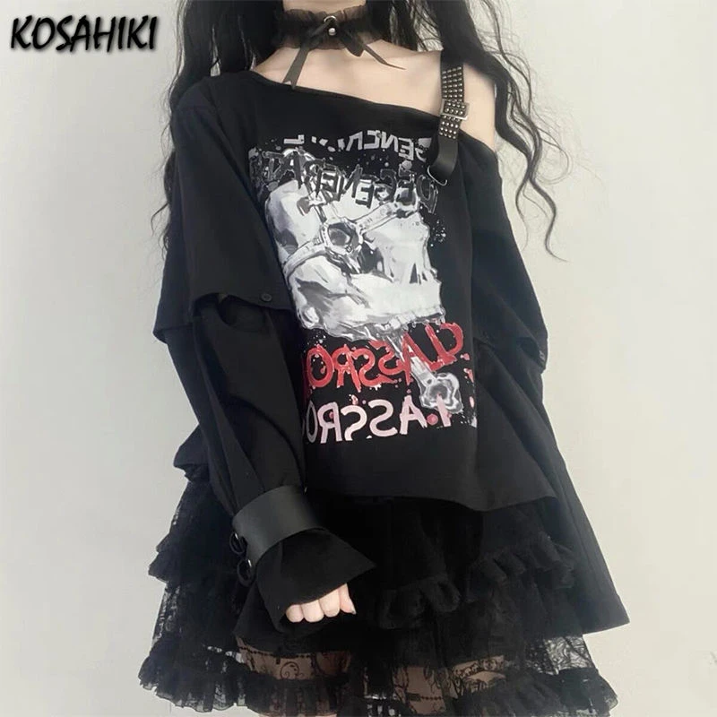 KOSAHIKI Y2k T-shirt Women Harajuku Black Vintage Tops Skull Print Off Shoulder Belted Tee Shirt Summer 2021 Japan Streetwear