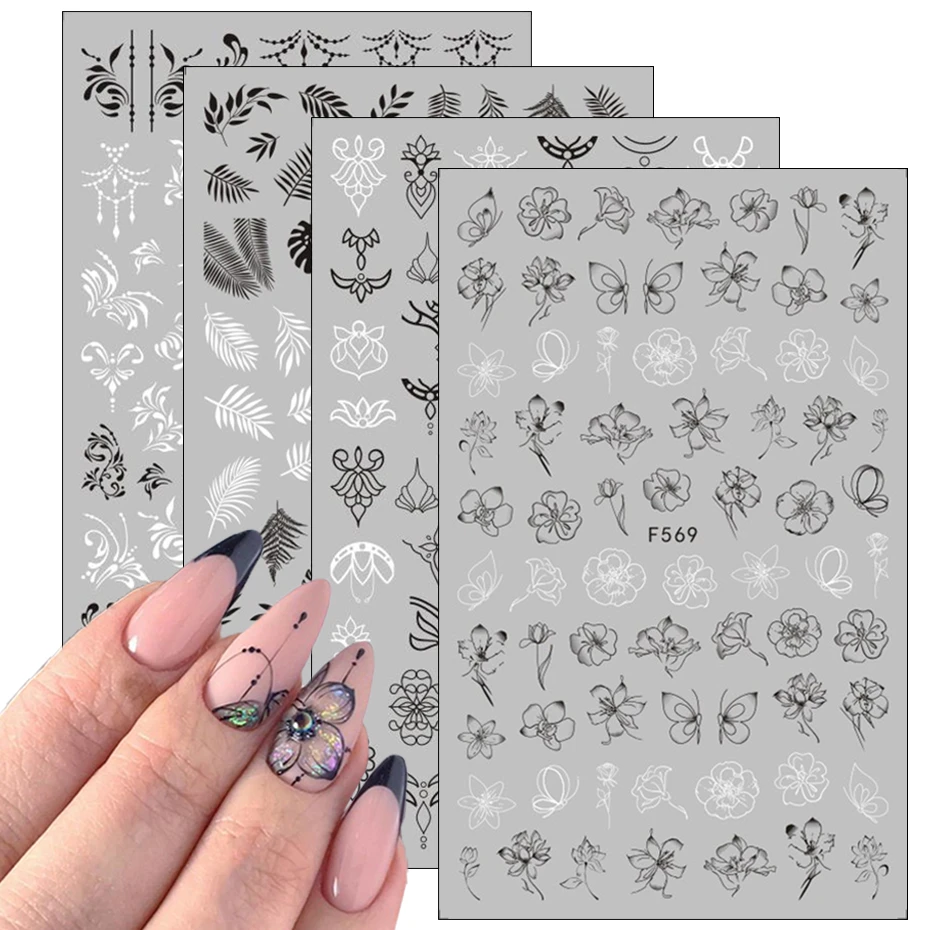 1pcs Black White Letter Stickers For Nails Flower Leaf Linear Transfer Decals Slider 3D Nail Art Decorations Wraps SAF564-573-1
