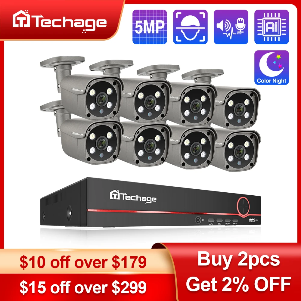 Techage Security Camera System 8CH 5MP HD POE NVR Kit CCTV Two Way Audio AI Face Detect Outdoor Video Surveillance IP Camera Set