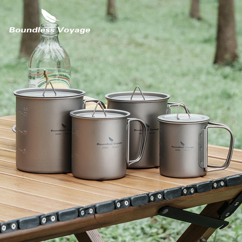 Boundless Voyage Titanium Mug Camping Water Cup Pot Lightweight Cookware Picnic Drinkware Tableware with Lid & Folding Handle