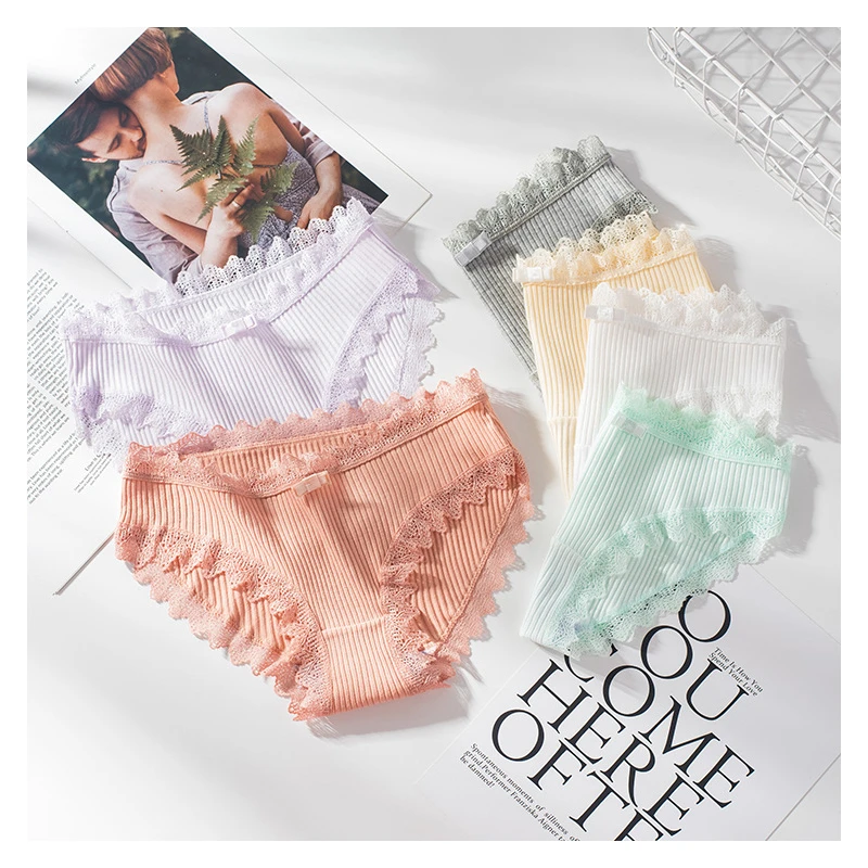 Cotton Panties Woman Sexy Lace Briefs Fashion Solid Color knickers Girls Bow Underpants Set Underwear Dropshipping 3 Pcs/lot