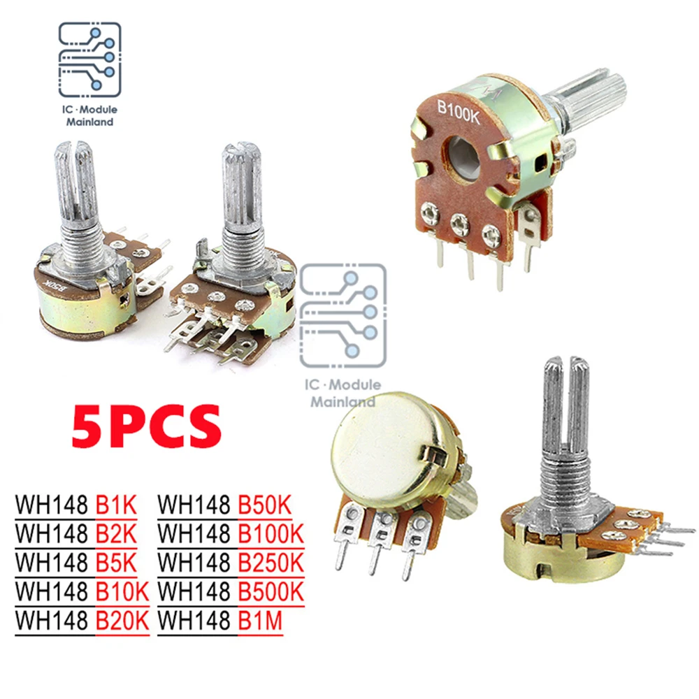 5PCS WH148 1K 5K 10K 50K 100K 500K 1M Ohm 15mm 6Pin Shaft Amplifier Dual Linear Taper Rotary Potentiometer Resistors for Arduino