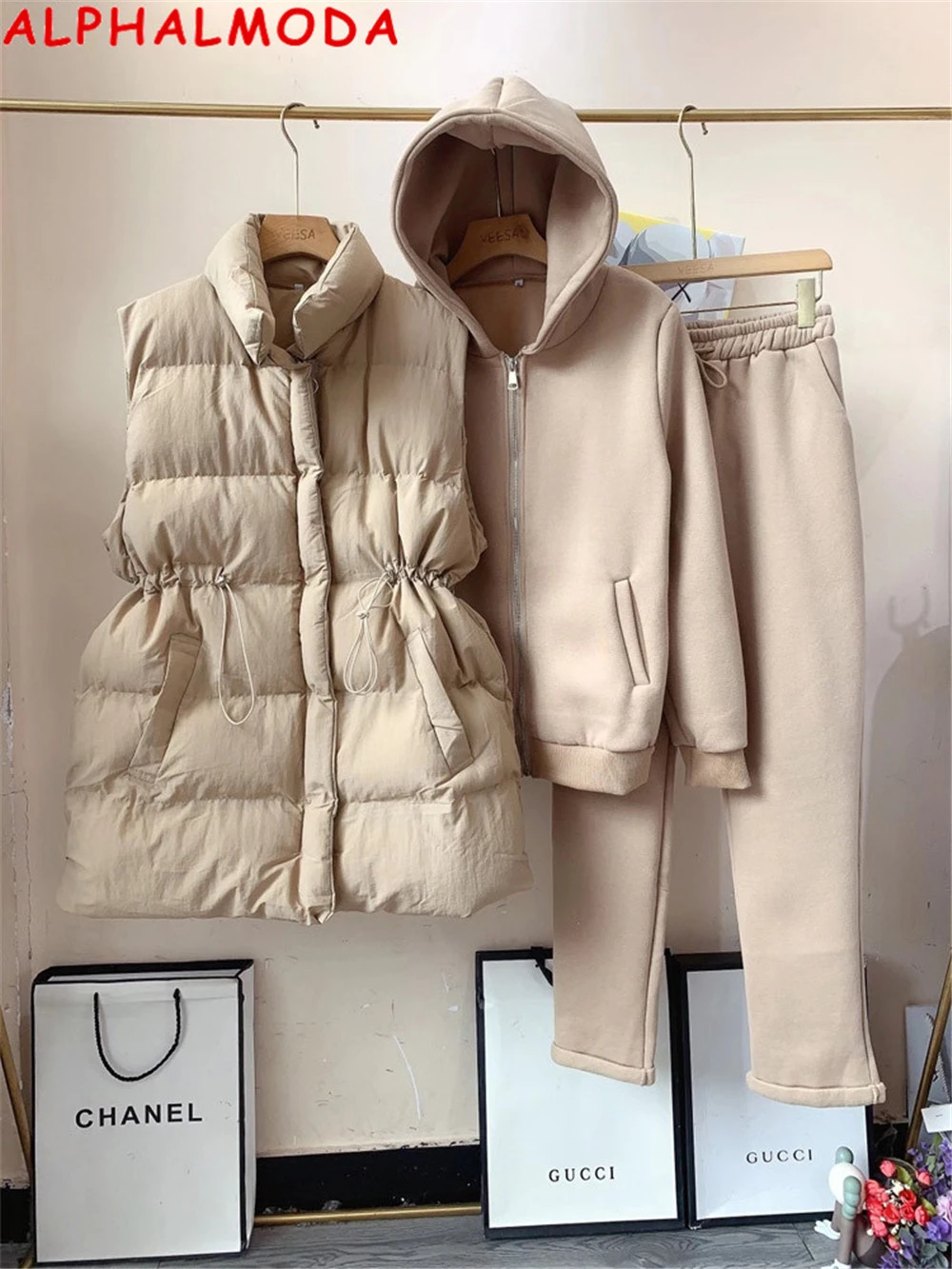 ALPHALMODA 2020 New Arrival Padded Vest Zip Hooded Trousers Women Winter Warm 3pcs Sweatpants Suit Solid Color M-XL