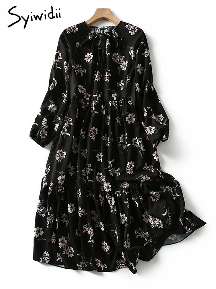 Syiwidii Dress for Women Vintage Floral Print Midi Casual Long Sleeve Spring Summer 2021 Empire Fashion Black Elegant Dresses