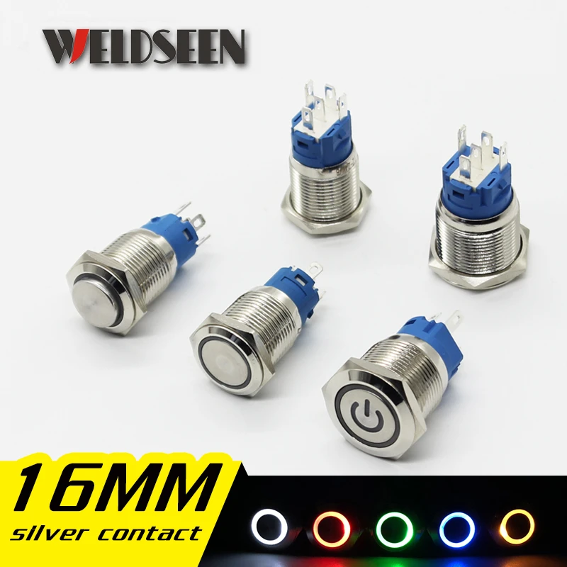 16mm Metal Push Button Switch LED Light 12V 24V 36V 48V 110V 220V Momentary Latching Type Start Stop Power Button