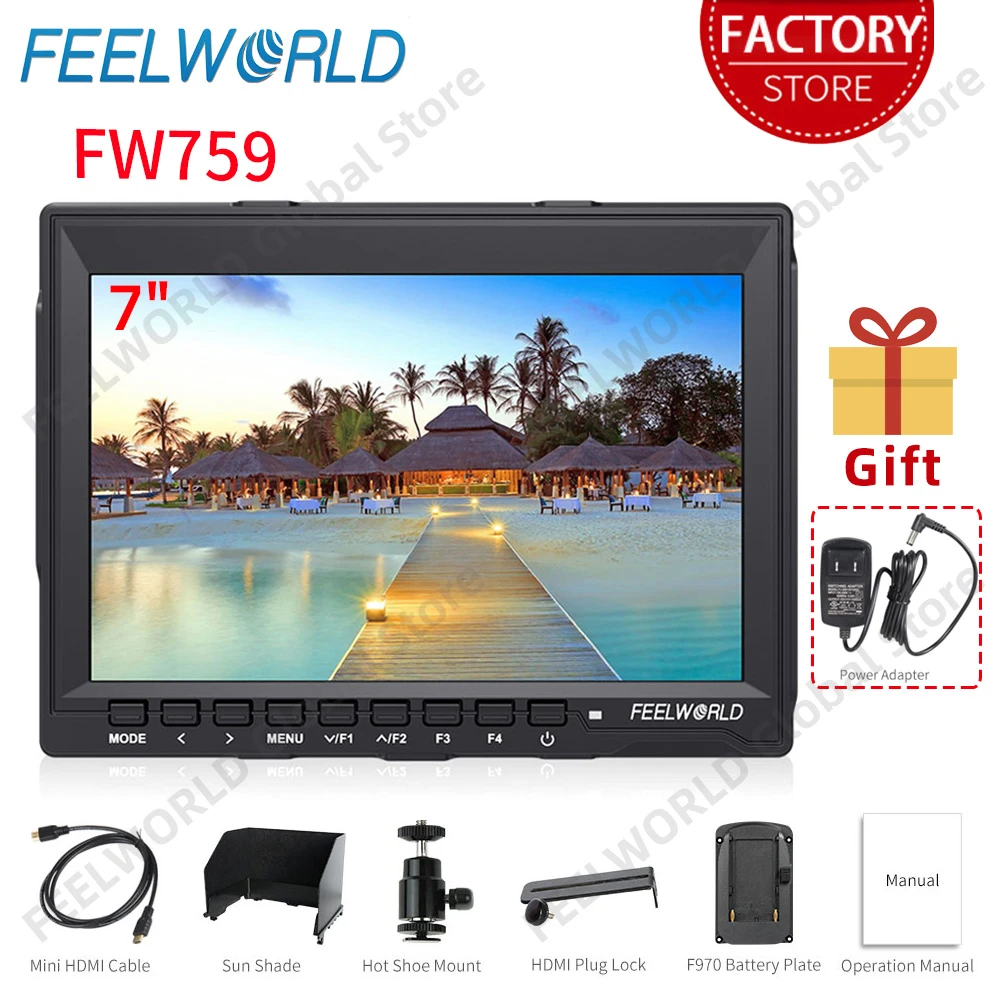 FEELWORLD FW759 7 Inch DSLR Camera Field Monitor 4K HDMI AV Input IPS HD 1280x800 LCD Display Video Assist Protable for Camera