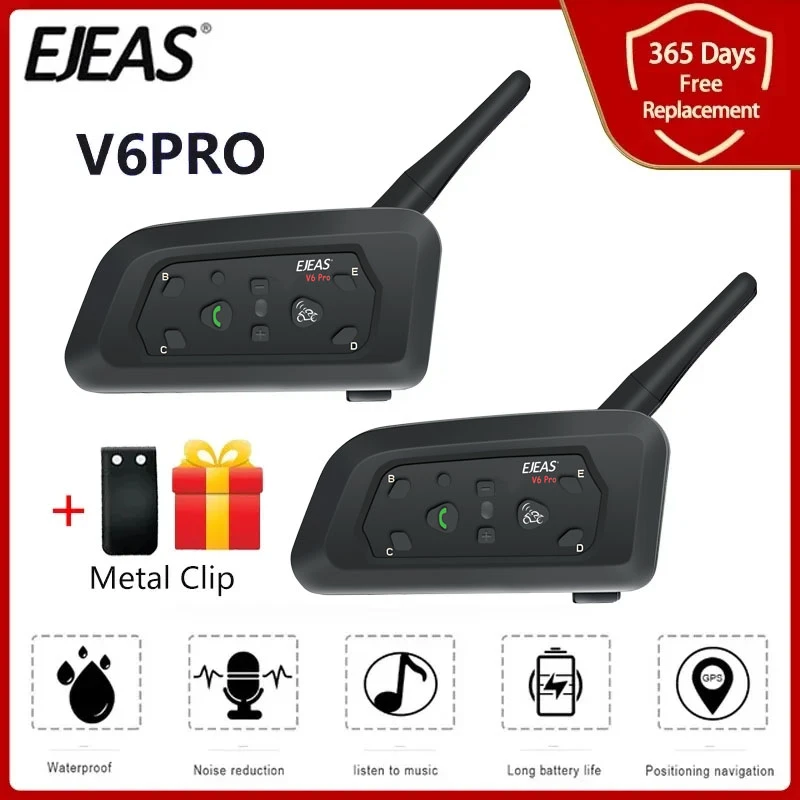 EJEAS V6 Pro Motorcycle Helmet Headset Bluetooth Intercom 850mAh 1200m Interphone for Moto 6 Riders Communicator + Metal Clip