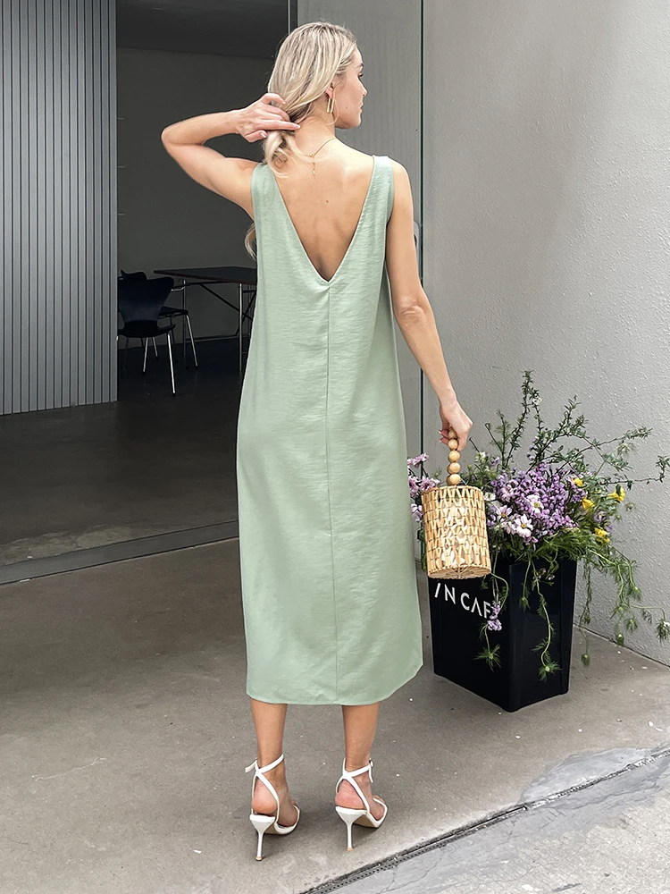 2021 Summer Women Solid White V Neck Sleeveless Fashion Dress Split Tank Dress