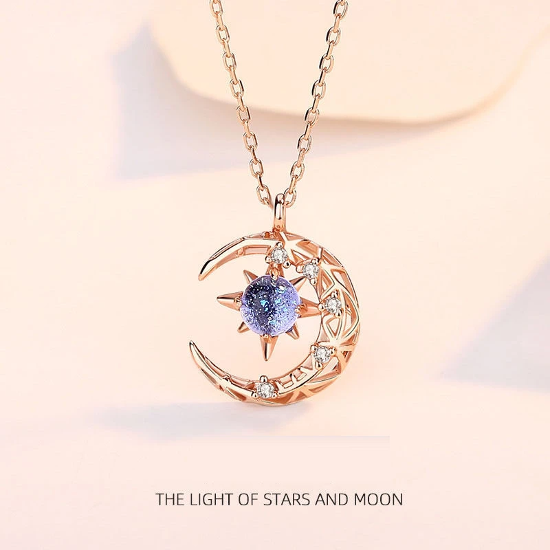 Fashion Light Of Stars And Moon Charm Necklace Delicate Clavicle Stars Rhinestone Chain Necklace For Women Jewelry