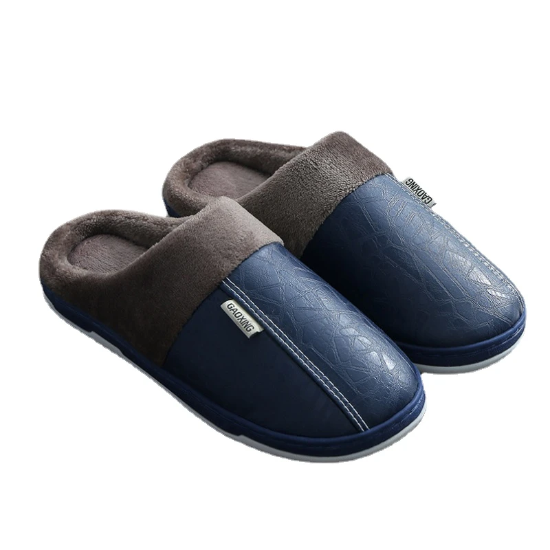 PU Waterproof Slippers Women Men Winter Plush Keep Warm Flat Home Shoes Woman Soft Comfort Female Shoes Sewing Interior Slipper