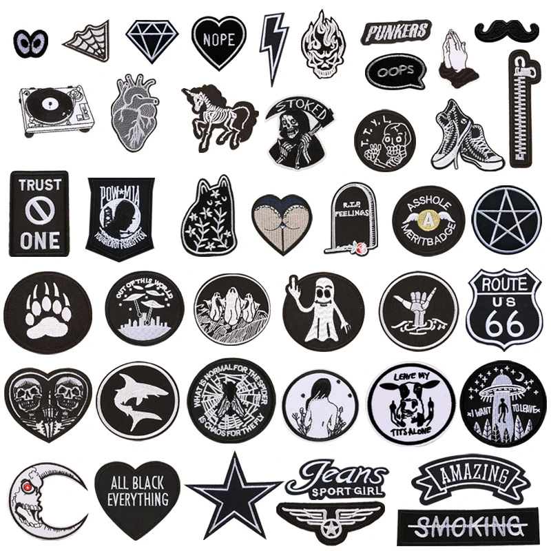 1pc Black White Biker Patches for Clothes Iron on Clothing Letter Appliques Skull Star Stripes Embroidered Sticker Round Badge