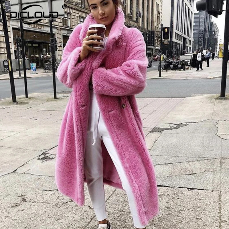 Pink Long Teddy Bear Jacket Coat Women Winter 2021 Thick Warm Oversized Chunky Outerwear Overcoat Women Faux Lambswool Fur Coats