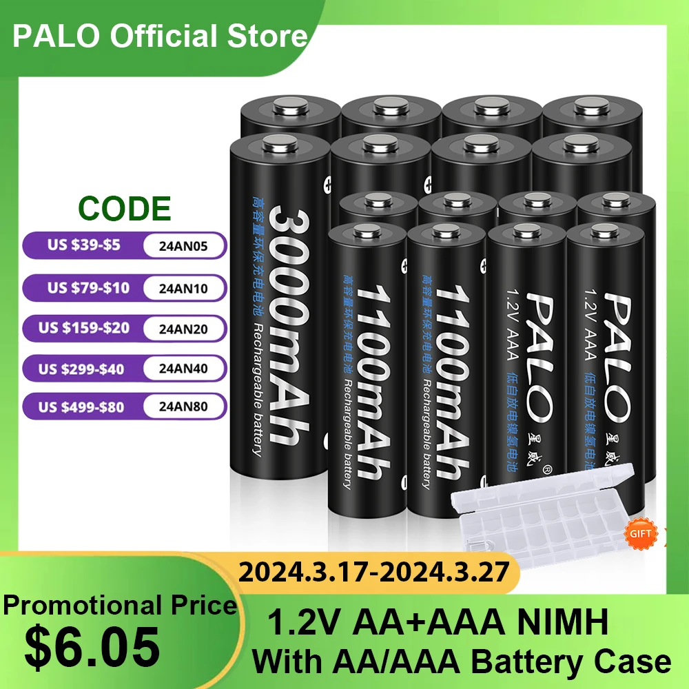 PALO AA Rechargeable Battery 3000mAh+1100mAh AAA Rechargeable Batteries AA 1.2V Ni-MH AA Battery AAA Batteries for toys camera