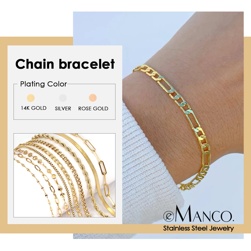 eManco Figaro Link chain Bracelet Female Stainless Steel Gold Charm Bracelets chain Bracelets for women man Jewelry Gifts